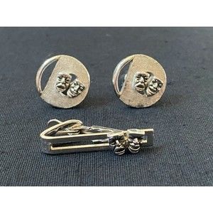 Vintage Tie Clip and Cufflinks Set Comedy and Tragedy Masks Silver Tone